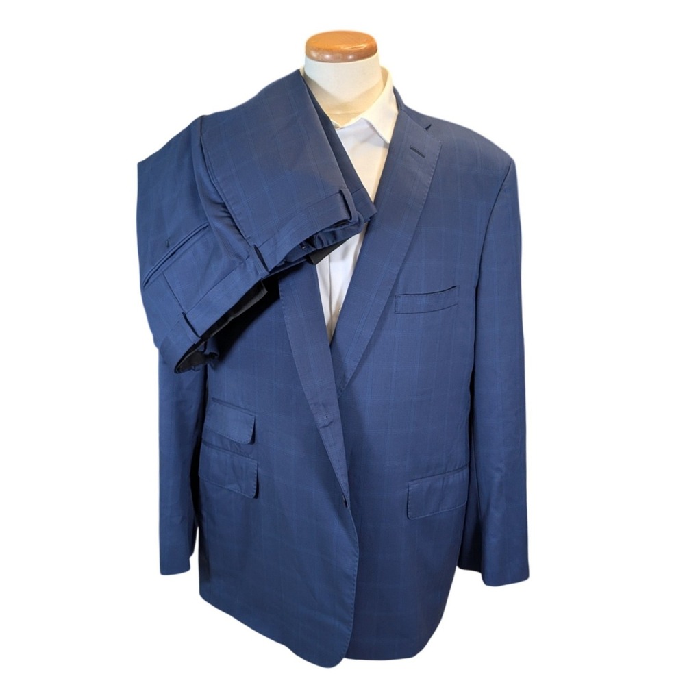 Tom James Executive Custom Tailored Suit Blue Windowpane Wool Blend 42x32